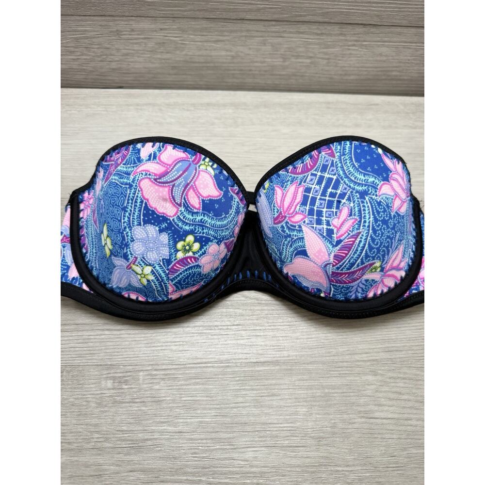 Victoria's Secret Blue Floral 32DD Flirt Strapless Bandeau Swim Suit Bikini Top